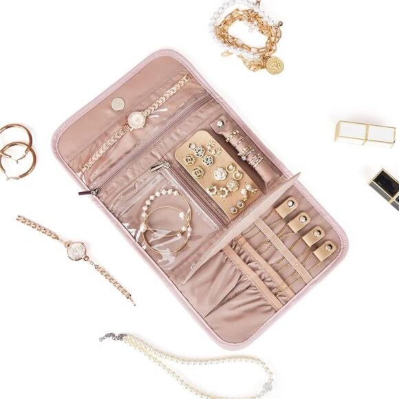 Travel Jewelry Case Organizer Foldable Jewelry Roll Storage Bag Pink for Earring - Picture 3 of 7